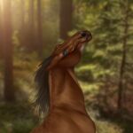  2020 ambiguous_gender blue_eyes blurred_background brown_body brown_hair brown_mane digital_media_(artwork) dolero emi_art equid equine feral hair hi_res horse looking_up mammal mane plant solo tree 