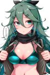 ... 1girl absurdres aqua_bra artist_name baileys_(tranquillity650) bangs black_ribbon black_scarf bra breasts brown_coat closed_mouth coat green_eyes green_hair hair_between_eyes hair_ribbon highres kantai_collection long_hair long_sleeves medium_breasts navel open_clothes open_coat ponytail ribbon scarf signature simple_background solo spoken_ellipsis twitter_username underwear upper_body white_background yamakaze_(kancolle) 
