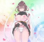  1girl absurdres apache_(amarobo801) ass_visible_through_thighs black_hakama breasts breasts_out brown_eyes brown_hair cameltoe clothes_lift fundoshi hachimaki hair_between_eyes hakama hakama_lift hakama_short_skirt hakama_skirt headband heart highres huge_breasts ise_(kancolle) ise_kai_ni_(kancolle) japanese_clothes kantai_collection kimono looking_at_viewer nipples short_hair skirt solo standing white_headband white_kimono wide_sleeves 