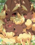  ambiguous_gender anthro biped blush brown_body brown_eyes buneary detailed_background eyes_closed flower fur generation_4_pokemon group hi_res lopunny nintendo open_mouth plant pokemon pokemon_(species) prrrrrrmine red_eyes sitting smile tan_body tan_fur 