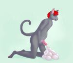  anthro blue_background blue_eyes egg erection fangs felid fur genitals glistening glistening_eyes grey_body grey_fur grey_tail hair humanoid_genitalia humanoid_penis kneeling male mammal mouth_closed narrowed_eyes nude oviposition pawpads penis red_hair red_pawpads red_penis roobin short_hair simple_background solo teeth 