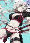  1girl absurdres ahoge bangs bikini black_bikini black_gloves black_jacket breasts cleavage cropped_jacket fate/grand_order fate_(series) gloves highres jacket jeanne_d&#039;arc_alter_(fate) jeanne_d&#039;arc_alter_(swimsuit_berserker)_(fate) katana large_breasts long_hair long_sleeves looking_at_viewer multiple_swords navel o-ring o-ring_bikini red_thighhighs shrug_(clothing) single_thighhigh smile solo swimsuit sword thighhighs thighs toyosu very_long_hair weapon white_hair yellow_eyes 