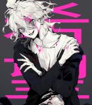  1boy @_@ arm_hug black_jacket bleeding bleeding_from_forehead blood blood_on_clothes blood_on_face blood_on_hands collarbone colored_skin danganronpa_(series) danganronpa_2:_goodbye_despair greyscale_with_colored_background head_tilt highres hood hood_down hooded_jacket jacket komaeda_nagito looking_at_viewer messy_hair monochrome nervous_smile nosebleed off-shoulder_jacket off_shoulder open_mouth self_hug shirt smile solo spot_color tallplaycold upper_body wavy_hair white_hair white_shirt white_skin 