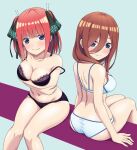  2girls back bangs black_bra black_panties blue_background blue_bra blue_eyes blush bow bra brown_hair go-toubun_no_hanayome hair_bow legs looking_at_viewer looking_back multiple_girls nakano_miku nakano_nino panties red_hair siblings simple_background sisters sitting smile underwear vierosky 