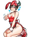  1girl animal_ears bare_shoulders black_choker blushyspicy breasts choker fake_animal_ears green_hair heart highres kiriko_(overwatch) looking_at_viewer medium_breasts overwatch overwatch_2 rabbit_ears rabbit_tail seiza short_hair sitting solo tail teeth wrist_cuffs 