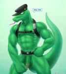  anthro balls beastars clothing foreskin genitals gosha_(beastars) harness hat headgear headwear hi_res humanoid_genitalia humanoid_penis komodo_dragon lizard male monitor_lizard penis reptile scalie solo spelunker_sal 