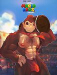  2023 abs anthro ape arena areola armpit_hair barazoku barrel biceps big_bulge big_muscles big_pecs biped blue_background blush body_hair brown_body brown_fur bulge carrying clothed clothing container countershading day detailed_bulge donkey_kong_(character) donkey_kong_(series) erect_nipples erection erection_under_clothing fur gorilla hairy hairy_arms hand_on_hip haplorhine holding_container holding_object huge_bulge huge_muscles koko2unite looking_at_viewer low-angle_view male mammal moobs muscular muscular_anthro muscular_male muscular_thighs navel necktie nintendo nipples obliques pecs pinup pose pourwatter primante primate pubes simple_background sky smile smirk solo standing syalanko teeth tenting thong topless topless_male underwear vein veiny_muscles 