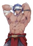  abs armband armpit_hair armpits arms_behind_head bandaged_arm bandages belt blue_blindfold dark-skinned_male dark_skin genshin_impact headband jebrael_(genshin_impact) ketanbakar large_pectorals male_focus muscular muscular_male nipples pectorals purple_facial_hair purple_hair quad_braids scar scar_on_arm scar_on_chest scar_on_stomach sweat tying_headband white_headband 