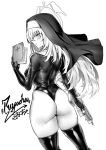 1girl ass bangs blue_archive blush closed_mouth from_behind gun halo highres holding holding_gun holding_weapon leotard long_hair looking_at_viewer looking_back monochrome nun puyocha sakurako_(blue_archive) skindentation smile solo thighhighs thighs weapon 