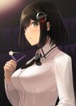  1girl black_hair breasts brown_eyes buttons cocktail cocktail_glass collared_shirt cup drinking_glass haguro_(kancolle) hair_ornament holding holding_cup kantai_collection large_breasts long_sleeves parted_lips shirt short_hair solo tomoyo_kai twitter_username upper_body white_shirt 