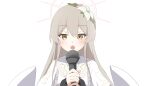 1girl blue_archive blush capelet flower hair_between_eyes hair_flower hair_ornament halo highres holding holding_microphone light_brown_hair long_hair looking_at_viewer microphone nagisa_(blue_archive) open_mouth portrait simple_background sketch solo utyuueituu white_background white_capelet yellow_eyes 