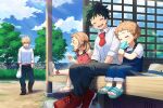  1girl 3boys ^_^ ^o^ annoyed bag bakugou_katsuki bangs bare_arms bare_shoulders belt black_tank_top blank_eyes blonde_hair blue_footwear blue_overalls blue_pants blue_sky blush boku_no_hero_academia bracelet bright_pupils brown_belt brown_eyes brown_footwear brown_hair bush child closed_eyes cloud cloudy_sky cobblestone collared_shirt commentary cross-laced_footwear crossed_ankles curly_hair day dot_nose dress_shirt eating facing_viewer female_child fence food foot_dangle freckles freestyle18 green_hair hair_bobbles hair_ornament hand_up hands_in_pockets hands_up happy hat head_tilt holding holding_bag holding_food jewelry looking_at_another male_child midoriya_izuku multiple_boys necktie open_collar open_mouth outstretched_leg overalls pants perspective pink_overalls plastic_bag popsicle_in_mouth porch profile red_footwear red_necktie sandals school_uniform scowl shadow shimano_katsuma shimano_mahoro shirt shoe_flower shoe_soles shoes short_hair short_sleeves sitting sky sleeves_rolled_up slouching smile sneakers spiked_hair sun_hat sunlight tank_top tree turning_head twintails v-shaped_eyebrows veranda walking white_footwear white_pupils white_shirt 