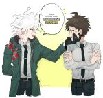  2boys :d absurdres ahoge anger_vein bangs black_necktie black_pants brown_eyes brown_hair collared_shirt cropped_legs crossed_arms danganronpa_(series) danganronpa_2:_goodbye_despair green_jacket grey_shirt hand_on_another&#039;s_chin highres hinata_hajime hood hood_down hooded_jacket jacket komaeda_nagito long_sleeves male_focus messy_hair multiple_boys necktie okamotoo pants shirt smile teeth tie_clip tongue upper_teeth_only white_hair 