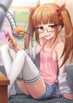  1girl arm_support bangs bare_shoulders blunt_bangs blurry blurry_background blurry_foreground blush breasts brown_hair camisole collarbone crossed_ankles denim denim_shorts depth_of_field food glasses holding holding_phone idolmaster idolmaster_cinderella_girls ikebukuro_akiha labcoat long_hair looking_at_viewer mechanical_arms mouth_hold ooeyama phone pink_camisole pocky polka_dot_camisole rectangular_eyewear screwdriver semi-rimless_eyewear shorts sitting small_breasts smile solo thighhighs twintails white_thighhighs 