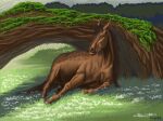  2020 ambiguous_gender blue_eyes brown_body brown_hair brown_mane brown_tail buwehka detailed_background digital_media_(artwork) dolero equid equine feral grass hair hooves horse lying mammal mane moss on_side plant shadow solo tail tree 