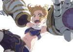  1girl armor armpits bangs black_gloves black_shorts blonde_hair blue_armor breasts commentary cowboy_shot elbow_gloves eyelashes floating foreshortening giant_fist gloves gold_trim green_eyes highres looking_at_viewer mika_(under_night_in-birth) navel nigaripen open_mouth shiny_skin short_hair shorts solo sports_bra teeth two_side_up under_night_in-birth 