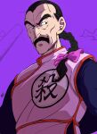  1boy absurdres bow braid chinese_clothes commentary_request dragon_ball dragon_ball_(classic) facial_hair hair_bow highres liedein long_hair male_focus mustache pink_bow purple_background single_braid solo tao_pai_pai upper_body v-shaped_eyebrows 