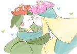  2girls =_= alternate_color aqua_skin bangs blonde_hair blush blush_stickers bright_pupils colored_skin commentary_request crown flat_chest flat_color flower green_hair green_skin hair_flower hair_ornament heart hug kiss kissing_cheek lilligant long_hair mini_crown monster_girl multicolored_skin multiple_girls one_eye_closed pink_flower plant_girl pokemon pokemon_(creature) red_eyes red_flower shiny_and_normal shiny_pokemon sidelocks simple_background sketch swept_bangs tem_(tem_konp10) two-tone_skin white_background white_pupils white_skin yellow_headwear yellow_skin yuri 