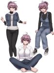  1girl :d absurdres ahoge alternate_costume aoba_(kancolle) barefoot black_footwear black_pants black_scrunchie black_shirt blue_eyes blue_pants casual collared_shirt cropped_legs hair_between_eyes hair_ornament hair_scrunchie highres ikadamo kantai_collection long_sleeves looking_at_viewer messy_hair multiple_views overalls pants ponytail purple_hair scrunchie shirt shoes simple_background smile sneakers white_background white_shirt 