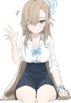  +++ 1girl asuna_(blue_archive) blue_archive blue_bow blue_bowtie blue_eyes blue_nails blue_scrunchie blue_skirt blush boku_2020 bow bowtie breasts collared_shirt feet_out_of_frame grin hair_over_one_eye hair_ribbon halo high-waist_skirt highres light_brown_hair long_hair looking_at_viewer mole mole_on_breast official_alternate_costume pleated_skirt ribbon school_uniform scrunchie shirt shirt_tucked_in simple_background skirt sleeves_rolled_up smile solo waving white_background white_shirt wrist_scrunchie 