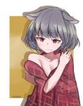  1girl animal_ears artist_name blush closed_mouth collarbone frown grey_hair looking_at_viewer mouse_ears namauni nazrin red_eyes short_hair solo touhou two-tone_background upper_body 
