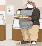  2023 absurd_res anthro apron bakery blush bonedra bottomwear bread canid canine canis clothing domestic_dog eyes_closed food hat headgear headwear hi_res kemono male mammal overweight overweight_male pants shirt solo topwear 