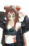  1girl absurdres alternate_costume arm_behind_head armpits arms_up belt black_belt black_jacket black_shirt black_tank_top breasts brown_hair cleavage closed_mouth crop_top double_bun flower flower-shaped_pupils flower_tattoo genshin_impact glasses gradient_hair hair_bun hair_flaps hair_flower hair_ornament highres hu_tao_(genshin_impact) jacket kumah_dessu lips long_hair long_sleeves looking_at_viewer midriff multicolored_hair navel open_clothes open_jacket plum_blossoms red_eyes round_eyewear shirt signature simple_background single_bare_shoulder sleeveless sleeveless_shirt small_breasts solo stomach sunglasses symbol-shaped_pupils tank_top tattoo white_background 