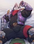  2023 anthro anthro_on_anthro armband armor barazoku bed bedding bedding_background belt big_bulge big_muscles blush bracers bulge canid canine canis clenched_teeth clothed clothing dated duo eye_patch eyebrows eyewear fingerless_gloves first_person_view fox fox_mccloud fur furniture gloves hair handwear hi_res huge_muscles huge_thighs jacket jumpsuit kemono knee_pads looking_at_viewer lying male male/male mammal muscular muscular_anthro muscular_male neckerchief nintendo on_back on_bed open_clothing open_jacket open_topwear pauldron solo_focus spread_legs spreading star_fox teeth text thick_thighs topwear tuft url wolf wolf_o&#039;donnell youhei79384157 