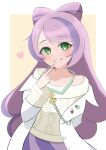  1girl absurdres blush border coat collarbone commentary_request green_eyes grin hand_up heart highres kion_(namarock8686) long_hair long_sleeves miriam_(pokemon) open_clothes open_coat pokemon pokemon_(game) pokemon_sv purple_hair purple_skirt skirt smile solo sweater teeth white_border white_coat yellow_background 
