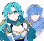  1boy 1girl :d aqua_hair armor bare_shoulders blue_cape blue_eyes blue_hair blue_shirt breastplate cape chloe_(fire_emblem) commentary_request elbow_gloves fire_emblem fire_emblem:_shadow_dragon_and_the_blade_of_light fire_emblem_engage garasu_(o_kusolife) gloves green_eyes hair_between_eyes long_hair looking_at_viewer marth_(fire_emblem) open_mouth shirt shoulder_armor smile tiara upper_body very_long_hair white_background white_gloves 