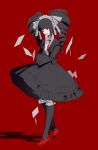 1girl absurdres bangs black_jacket black_skirt black_socks celestia_ludenberg collared_shirt danganronpa:_trigger_happy_havoc danganronpa_(series) drill_hair flowercz hand_up highres jacket kneehighs necktie open_clothes open_jacket red_background red_eyes red_footwear red_nails red_necktie shirt shoes simple_background skirt socks solo standing twin_drills twintails 