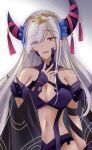  1girl bare_shoulders breasts cleavage commentary_request fire_emblem fire_emblem_engage grey_hair horns kirishima_riona large_breasts navel pointy_ears purple_eyes solo stomach upper_body zephia_(fire_emblem) 