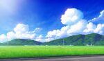  akairyokucha bench blue_sky building cloud cumulonimbus_cloud day field grass highres hill house landscape mountainous_horizon no_humans original outdoors path power_lines road rural scenery sky summer tree 