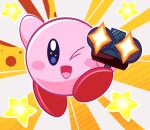  absurd_res blue_eyes bluebutterz clothing footwear gun happy hi_res highlights_(coloring) kirby kirby_(series) male nintendo one_eye_closed pink_body ranged_weapon red_clothing red_footwear red_shoes shoes shotgun simple_background solo sparkles star waddling_head weapon wink 