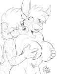  2022 anthro big_breasts bite blush breast_fondling breast_play breast_squish breasts claws duo female fondling hand_on_breast hyena kangaroo karhyena looking_pleasured macropod male male/female mammal marsupial monochrome neck_bite pouch_(anatomy) rick_griffin signature spotted_hyena squish west_of_heaven 
