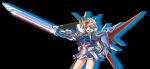  1girl :d black_background blue_jacket collared_shirt cowboy_shot fingernails gatling_gun gundam gundam_seed headgear highres holding holding_sword holding_weapon jacket legs_apart long_hair looking_at_viewer mecha_musume mechanical_wings miniskirt open_clothes open_jacket open_mouth outstretched_arm overskirt panties pantyshot perfect_strike_gundam personification pink_hair pink_skirt pleated_skirt puffy_short_sleeves puffy_sleeves purple_shirt shinjou_satomi shirt short_sleeves simple_background skirt smile solo standing strike_gundam sword teeth underwear upper_teeth_only weapon white_panties wings 
