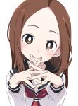  1girl black_sailor_collar bright_pupils brown_eyes brown_hair forehead ixy karakai_jouzu_no_takagi-san long_hair long_sleeves looking_at_viewer neckerchief red_neckerchief sailor_collar school_uniform serafuku simple_background solo takagi-san upper_body white_background white_pupils 