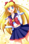  aino_minako bangs bishoujo_senshi_sailor_moon blonde_hair blue_eyes blue_sailor_collar blue_skirt bow codename_wa_sailor_v crescent crescent_choker crescent_facial_mark domino_mask facial_mark forehead_mark hair_bow highres long_hair mask mimimix pleated_skirt red_bow sailor_collar sailor_v shirt shoulder_pads skirt v white_shirt 