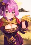  1girl armor bangs bernadetta_von_varley black_eyes blush breasts cleavage closed_mouth commentary dress fire_emblem fire_emblem:_three_houses gbbgb321 gloves hair_between_eyes hair_ornament hair_ribbon highres large_breasts looking_at_viewer outdoors purple_dress purple_hair ribbon short_hair shoulder_armor solo yellow_gloves 