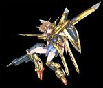  1girl akatsuki_gundam bangs beam_rifle black_background blue_dress dress energy_gun full_body gun gundam gundam_seed gundam_seed_destiny hair_between_eyes headgear holding holding_gun holding_shield holding_weapon light_brown_hair long_hair mecha_musume open_mouth personification red_eyes shield shinjou_satomi short_dress simple_background solo v-fin weapon 