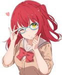  1girl adjusting_eyewear aqua-framed_eyewear bangs blush bocchi_the_rock! bow bowtie brown_jacket closed_mouth glasses heart highres index_finger_raised jacket kita_ikuyo long_hair long_sleeves looking_at_viewer one_eye_closed one_side_up red_bow red_bowtie red_hair runep sailor_collar school_uniform sidelocks sleeves_pushed_up solo upper_body white_sailor_collar yellow_eyes 