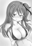  1girl :q absurdres ao_daidai_ki arm_under_breasts assault_lily bangs bare_arms bare_shoulders bikini blush breast_hold breasts cleavage closed_mouth collarbone commentary_request gradient_background grey_background greyscale hair_between_eyes hair_ribbon halterneck hand_on_own_arm highres kuo_shenlin large_breasts long_hair looking_at_viewer monochrome navel one_side_up raised_eyebrows ribbon sidelocks smile solo standing stomach swimsuit tongue tongue_out upper_body white_background 