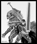  anthro arm_wraps armor armwear berserk_(series) big_sword black_hair blaidd_(elden_ring) canid canine canis cape cloak clothing crossover disability duo elden_ring facial_scar facial_tuft fangs fromsoftware guts_(berserk) hair hi_res holding_object holding_weapon human large_sword larger_male male mammal melee_weapon menaslg one_eye_closed prosthetic prosthetic_arm prosthetic_limb scar size_difference sword teeth weapon wolf wraps 