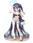  1girl absurdly_long_hair alternate_costume aris_(blue_archive) black_hair black_hairband blue_archive blue_eyes breasts bright_pupils feet full_body hair_between_eyes hairband halo legs long_hair mannack navel one_side_up ringed_eyes sandals small_breasts solo stomach toenails toes very_long_hair white_pupils 
