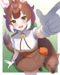  1girl animal_ears brown_hair brown_shirt brown_skirt collared_shirt dhole dhole_(kemono_friends) dog_ears dog_girl dog_tail frilled_skirt frills from_above ftybmybittyb gloves highres jacket kemono_friends kemono_friends_3 looking_at_viewer multicolored_hair official_alternate_costume pointing safari_jacket shirt short_hair skirt solo tail two-tone_hair two-tone_shirt white_gloves white_hair white_shirt 