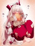  1girl baggy_pants barefoot blush bow closed_eyes eyebrows_hidden_by_hair fujiwara_no_mokou full_body grey_shirt hair_bow highres hot_water_bottle long_hair long_sleeves mokoiscat object_hug pants red_pants shirt sleeve_garter solo touhou white_bow white_hair 