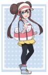  1girl adjusting_clothes blue_background blue_eyes border bow brown_hair chocomiru closed_mouth commentary double_bun doughnut_hair_bun english_commentary full_body hair_bun hand_up happy long_hair looking_at_viewer non-web_source outside_border poke_ball_print pokemon pokemon_(game) pokemon_bw2 polka_dot polka_dot_background raglan_sleeves redrawn rosa_(pokemon) smile solo twintails visor_cap white_border 