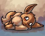  3_toes 5:4 advos ambiguous_gender black_nose brown_body brown_eyes brown_fur canid canine chest_tuft colored digital_media_(artwork) eevee feet feral frown fur generation_1_pokemon lying mammal nintendo on_side pokemon pokemon_(species) simple_background solo tan_body tan_fur toes tuft 