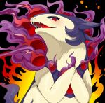  commentary_request eyelashes fire hands_up hisuian_typhlosion lassie looking_down open_mouth own_hands_together pokemon pokemon_(creature) purple_fire red_eyes sharp_teeth solo teeth tongue upper_body 