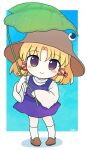  1girl artist_name blonde_hair blush_stickers brown_eyes brown_footwear brown_headwear closed_mouth full_body hair_ribbon hat highres holding leaf_umbrella long_sleeves looking_at_viewer moriya_suwako purple_skirt purple_vest red_ribbon rei_(tonbo0430) ribbon shirt shoes short_hair signature skirt smile socks solo touhou tress_ribbon vest white_shirt white_socks wide_sleeves 